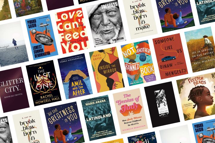 A collage of various book covers displayed at different angles. The covers feature diverse designs, colors, and illustrations, with titles in bold typography.