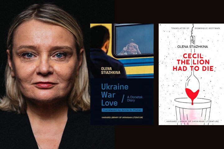 A person with short blonde hair is next to two book covers. One book is titled Ukraine War Love: A Donetsk Diary by Olena Stiazhkina. The other is Cecil: The Lion Had to Die by Olena Stiazhkina, with an image of a heart and blood.