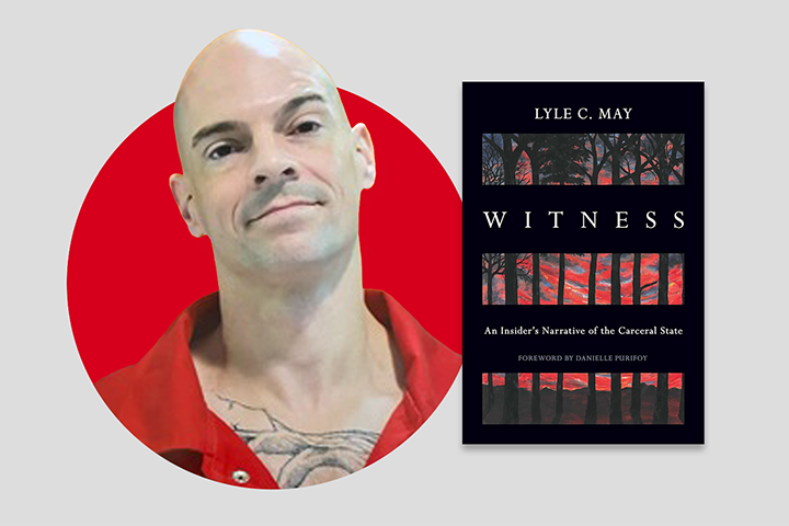 A person in an orange shirt stands against a light gray background, next to a book cover titled Witness by Lyle C. May, featuring a forest scene with a red-tinted sky.