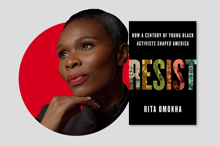 A woman with a thoughtful expression poses next to the book cover of Resist: How a Century of Young Black Activists Shaped America by Rita Omokha. The cover has bold, colorful letters on a white background.