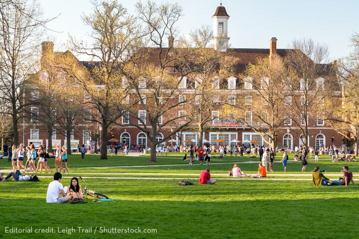 People relax and engage in activities on a large, grassy area in front of a historic red-brick building with a cupola. The scene is lively, with trees budding in spring, and groups enjoying the sunny day.