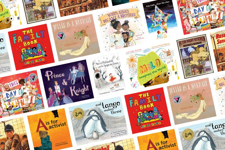 A collage of childrens book covers featuring diverse themes and characters. Titles include The Family Book, Prince & Knight, A is for Activist, Julian is a Mermaid, and more. Illustrations depict various colorful and engaging designs.