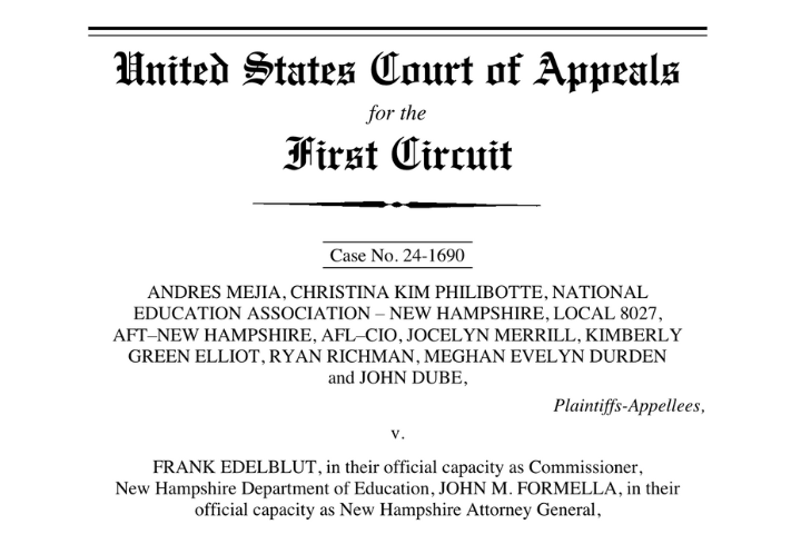 Text from a court document titled United States Court of Appeals for the First Circuit. It is case No. 24-1690 involving various plaintiffs-appellees versus individuals in official capacities as part of New Hampshires Department of Education and Attorney General.