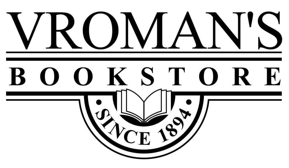 Logo of Vromans Bookstore featuring bold uppercase text. Vromans is at the top, followed by Bookstore beneath. Below that, theres an open book graphic with Since 1894 written in a circular banner. The design is in black and white.