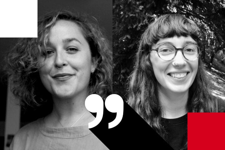 Two people are smiling in a black and white photo collage with creative colored shapes. The person on the left has curly hair, and the person on the right has long hair with bangs and glasses. Large quotation marks are overlaid in the center.