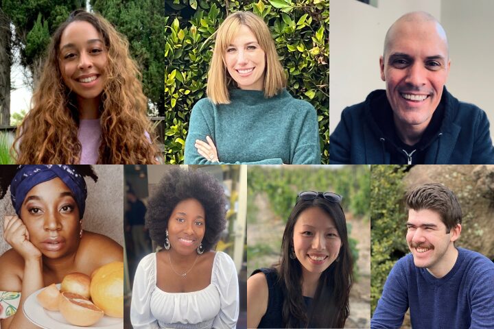 A collage of seven people smiling outdoors in different settings, some with greenery in the background. They each have unique hairstyles and are wearing casual clothing.