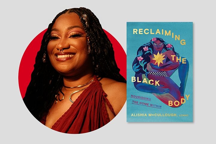A person with long braided hair and a nose ring, smiling in a maroon outfit, is shown beside the book cover of Reclaiming the Black Body by Alishia McCullough, featuring an illustrated figure and vibrant colors.