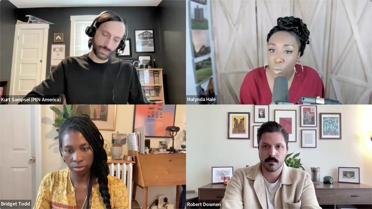 A virtual meeting with four participants in a grid layout. Each person appears in their own room, discussing the impact of disinformation. Microphones are visible as they exchange ideas. Decorative elements and books are seen in the background of each influencers space.