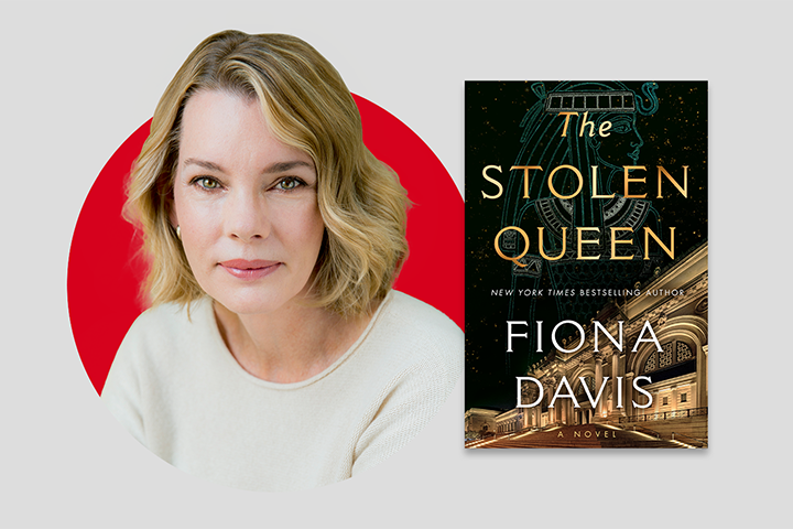 A woman with short blonde hair is in a circle frame on the left. Next to her, the book cover for The Stolen Queen by Fiona Davis features a grand building and ornate details.