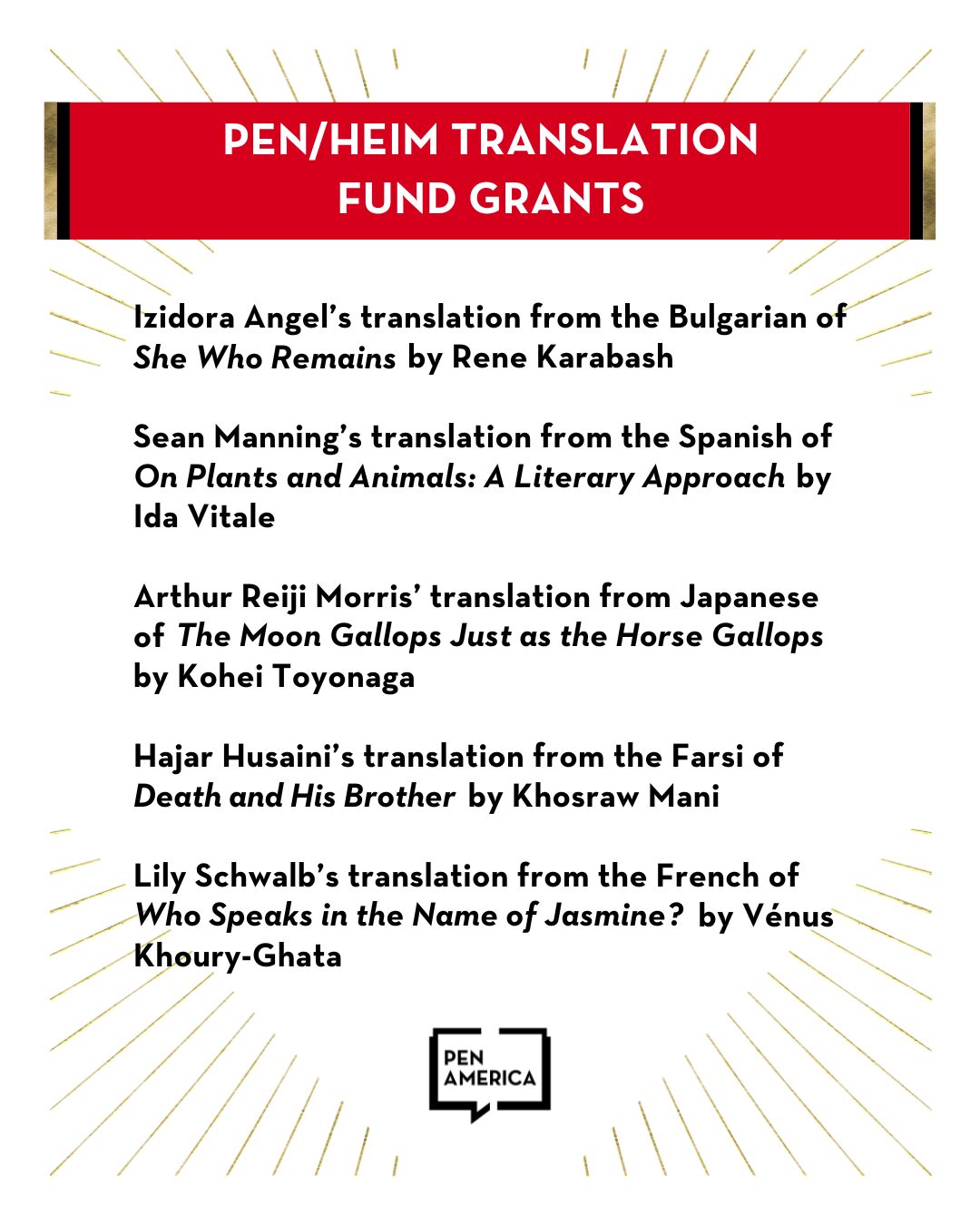 A list of PEN/Heim Translation Fund Grants winners for translated books. Translations include works from Bulgarian, Spanish, Japanese, Farsi, and French. PEN America logo is at the bottom.