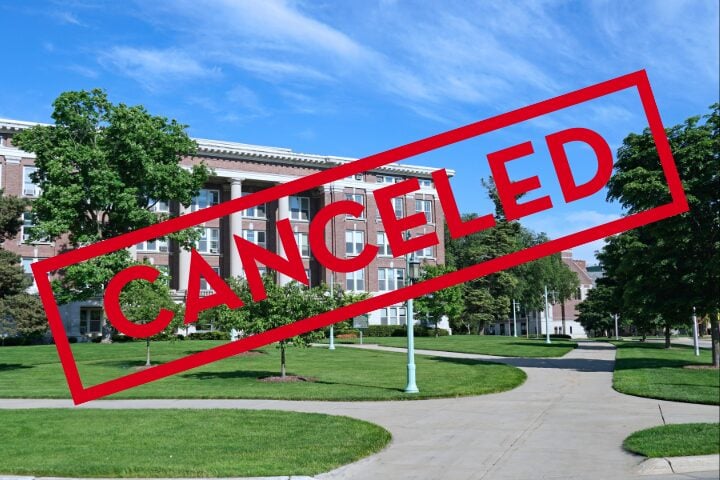 A college campus with a brick building, trees, and walkways under a blue sky. In bold red letters, DEI Events Canceled is stamped across the image.