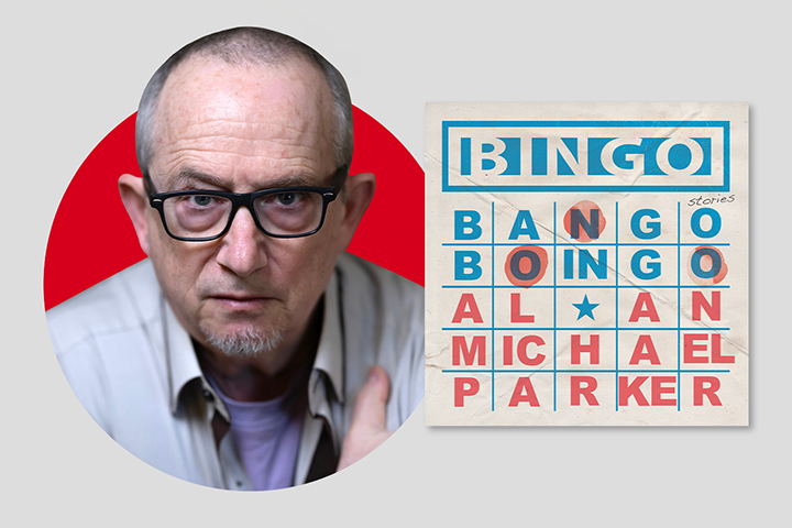 A person with glasses and a serious expression is on the left, wearing a white shirt and gray jacket, against a red circular background. To the right is an image of a bingo card with the blue title Bingo and red text spelling a name.