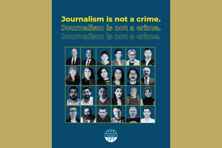 A poster featuring the phrase Journalism is not a crime. repeated three times at the top. Below are black-and-white photos of various people, arranged in a grid, with a logo at the bottom.