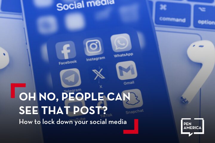 A smartphone screen displays social media app icons such as Facebook, Instagram, WhatsApp, and more. Text reads: Oh no, people can see that post? How to lock down your social media. White earphones are placed beside the phone.