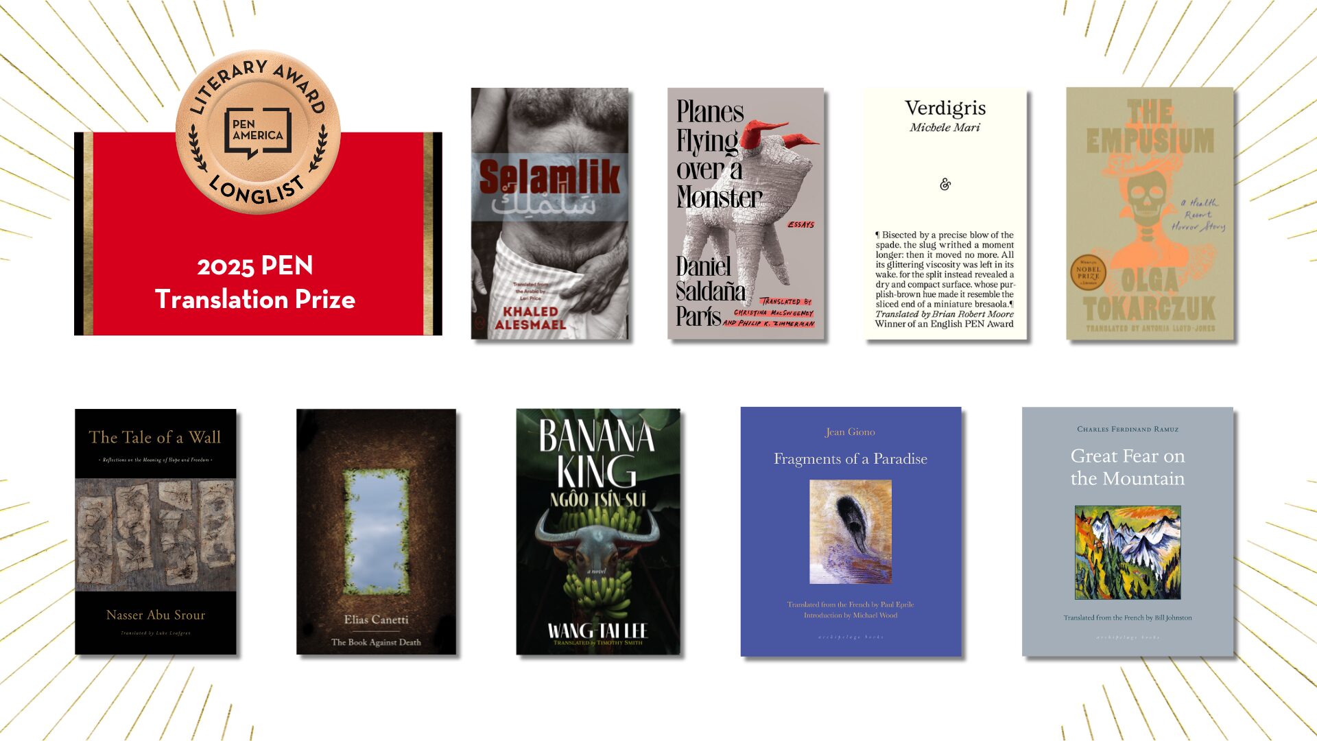 A collage of book covers displayed in two rows. The top left includes a circular badge with text 2025 PEN Translation Prize Longlist, alongside covers featuring various artistic designs and fonts.