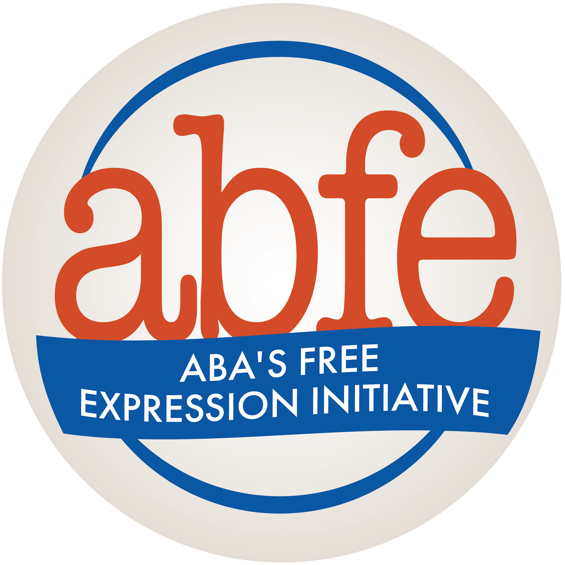 Logo of the American Booksellers for Free Expression (ABFE) featuring abfe in red lowercase inside a blue circle. Below, a blue ribbon reads ABAS FREE EXPRESSION INITIATIVE.