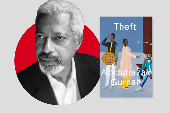 A grayscale portrait of a man with white hair and a beard is on the left. On the right is the book cover of Theft by Abdulrazak Gurnah, featuring colorful figures in various poses and a visible Nobel Prize sticker.