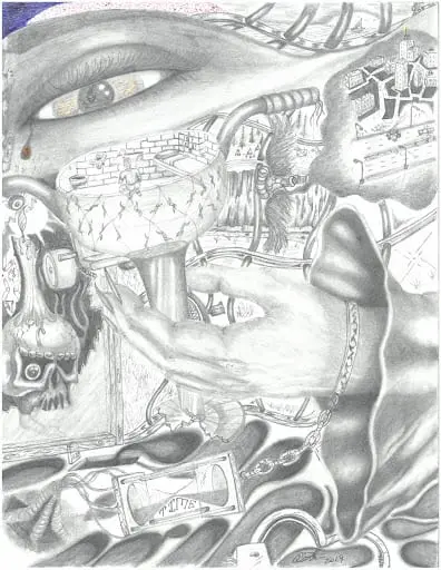 Surreal black-and-white illustration titled As I Hear the Rain, featuring a large eye, a hand holding a torch, abstract cityscapes, gears, chains, and melting clocks. The dream-like elements combine with intricate details to evoke mystery and depth.