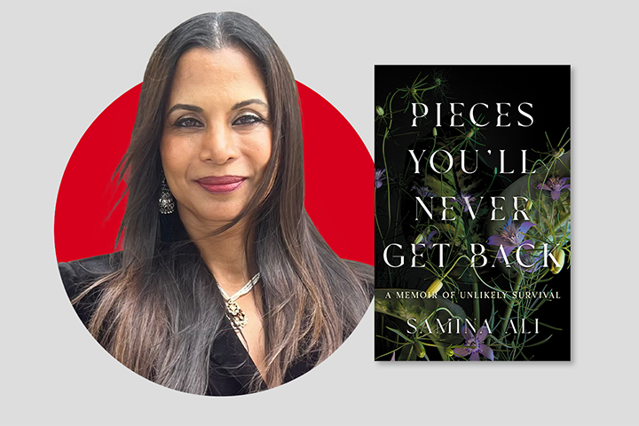 A woman with long dark hair and a floral earring, smiling in front of a red circle. Next to her is a book cover titled Pieces Youll Never Get Back: A Memoir of Unlikely Survival by Samin Vali, featuring green plants and flowers.