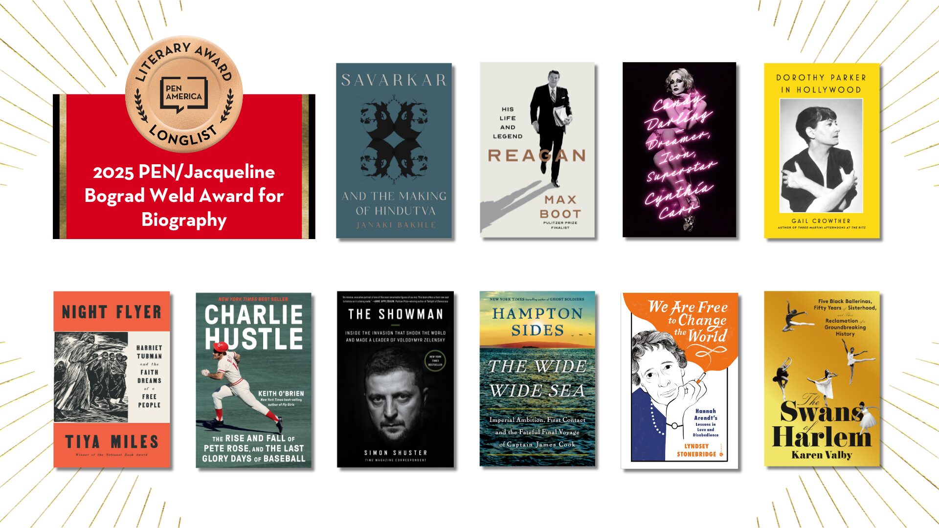 A collection of book covers displayed side by side, featuring various titles. Above them is a circle badge stating 2025 PEN/Jacqueline Bogard Weld Award for Biography. The background has a radial line design.