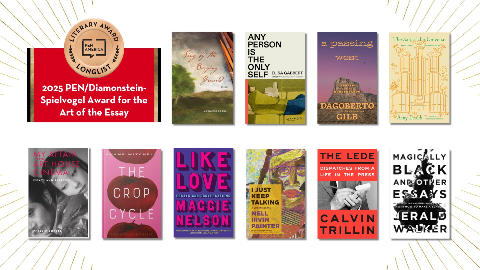 Ten book covers displayed in two rows beneath the header 2025 PEN/Diamonstein-Spielvogel Award for the Art of the Essay Longlist. Each book has a distinct design, showcasing a variety of colors and styles.