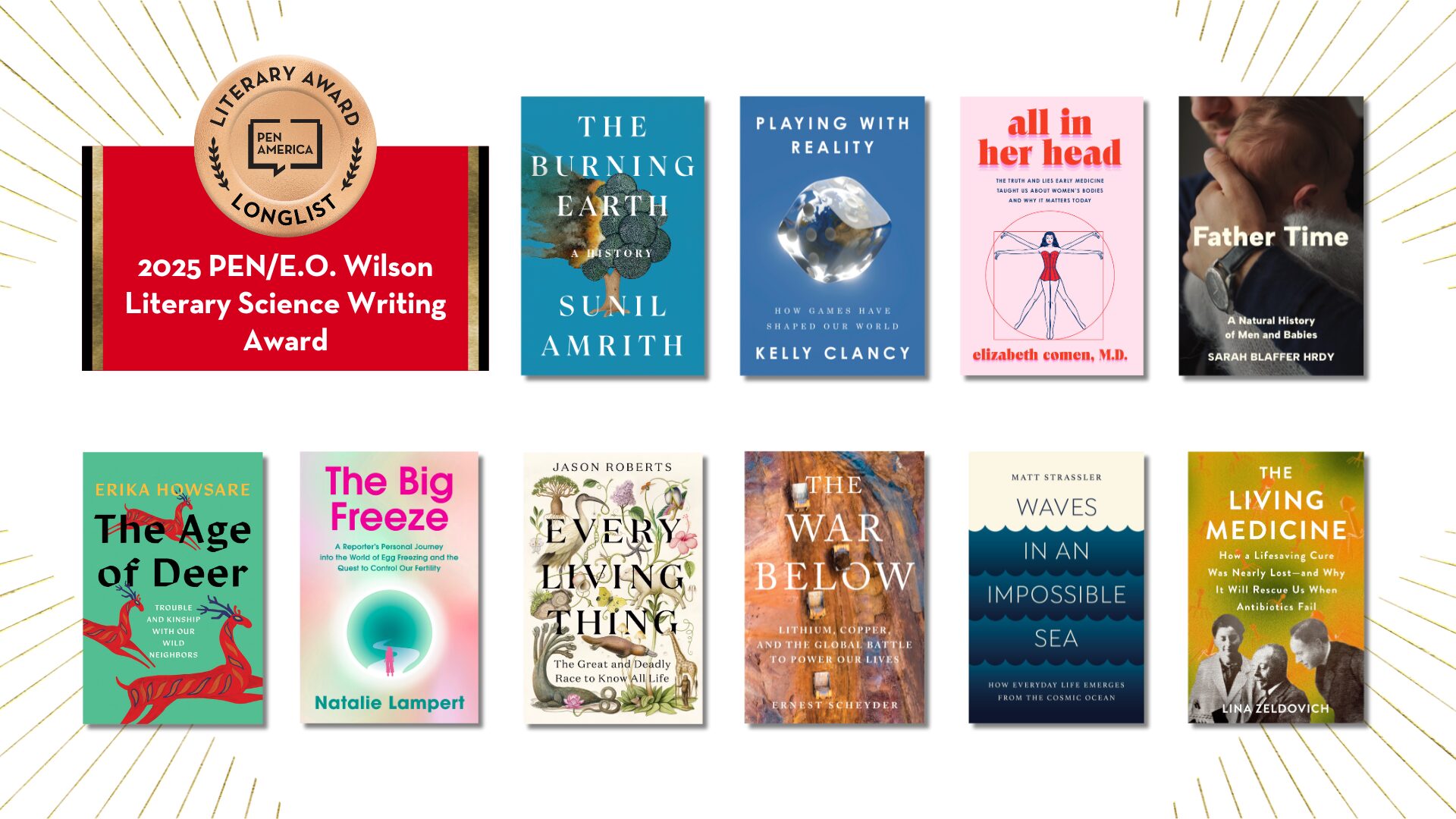 A collage of book covers representing the 2025 PEN/E.O. Wilson Literary Science Writing Award longlist. Includes various titles and colorful designs featuring authors like Sunil Amrith, Kelly Clancy, and Elizabeth Gomes, among others.