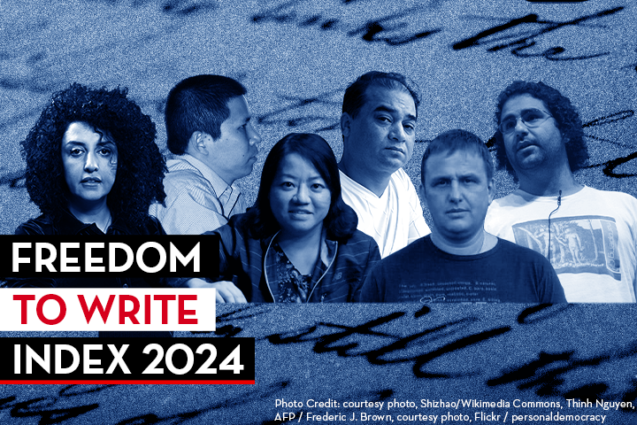 A collage of six diverse writers with serious expressions, overlaid on a blue-toned handwritten background. Bold text reads Freedom to Write Index 2024. Photo credits appear at the bottom right.