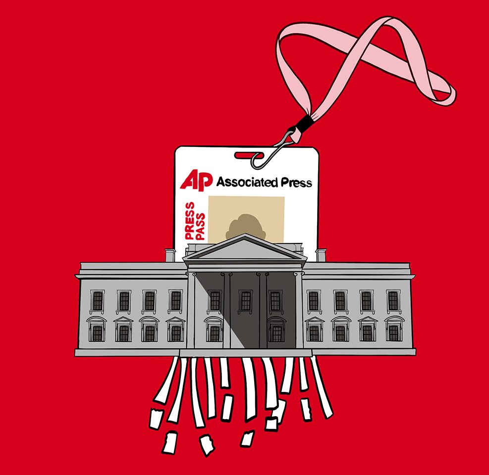 Illustration of a White House building with paper strips dangling from it, resembling a shredded document. Above is an Associated Press press pass on a pink lanyard, all set against a red background.