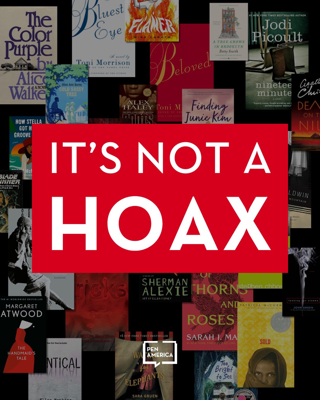 A red box with white text reads ITS NOT A HOAX over a collage of various book covers, including titles by Jodi Picoult, Alice Walker, Margaret Atwood, and Sherman Alexie. PEN America logo appears at the bottom.