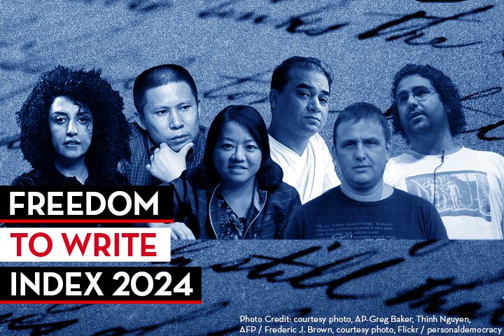 Six people stand side by side in front of a blue, handwritten-text background. Bold text reads “Freedom to Write Index 2024.” Photo credits appear in small print at the bottom.