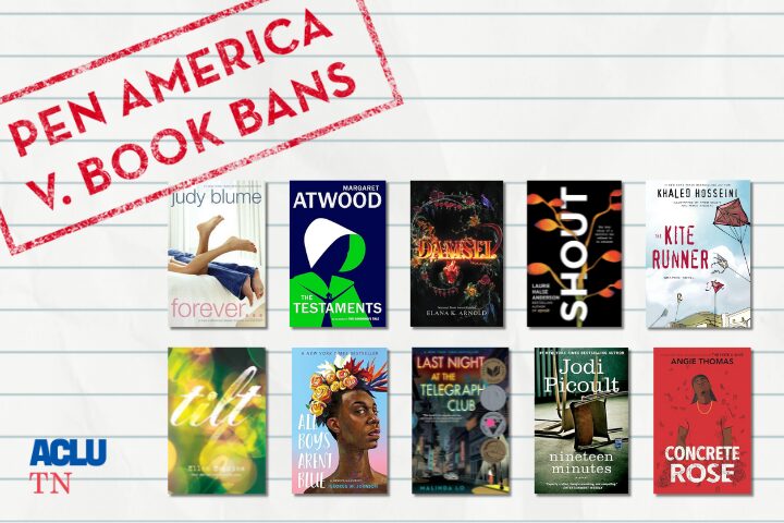 A grid of ten diverse book covers under a red stamp reading PEN America v. Book Bans, with ACLU TN logo on bottom left and a lined paper background.