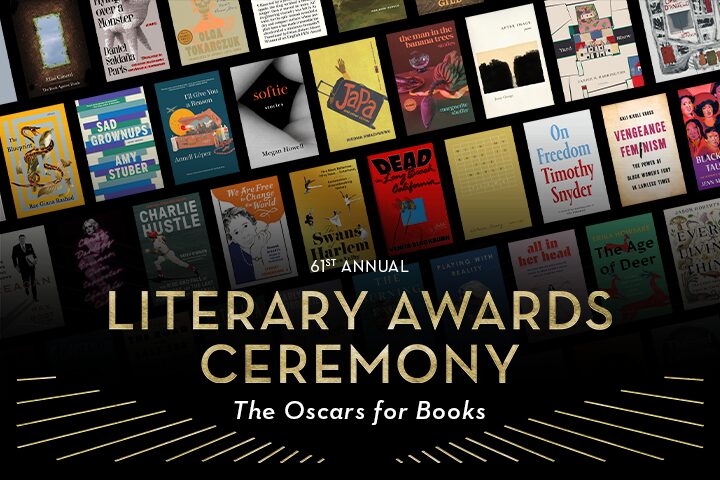 A collage of book covers, each showcasing diverse designs and titles, forms the backdrop. Overlay text reads 61st Annual Literary Awards Ceremony: The Oscars for Books in bold, elegant font.