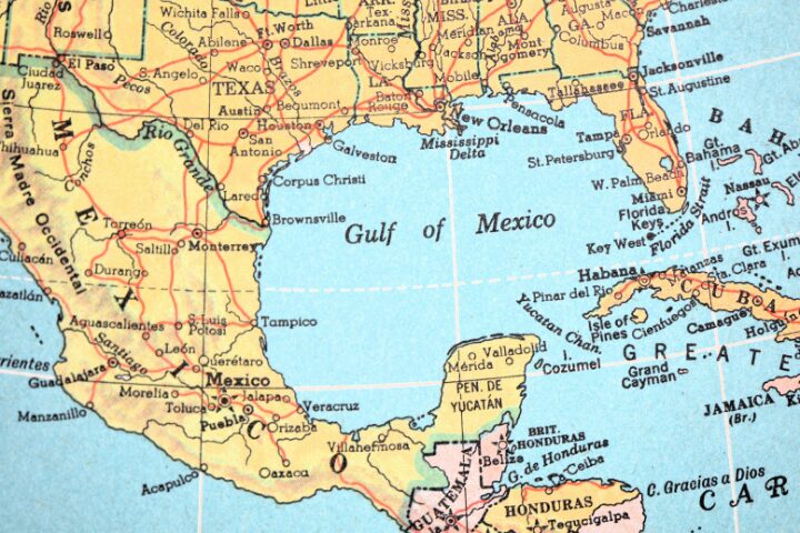 A vintage map highlighting the Gulf of Mexico, surrounded by parts of the United States and Mexico, including Texas, Louisiana, and the Yucatan Peninsula. Major cities and geographical features are labeled in a retro style.