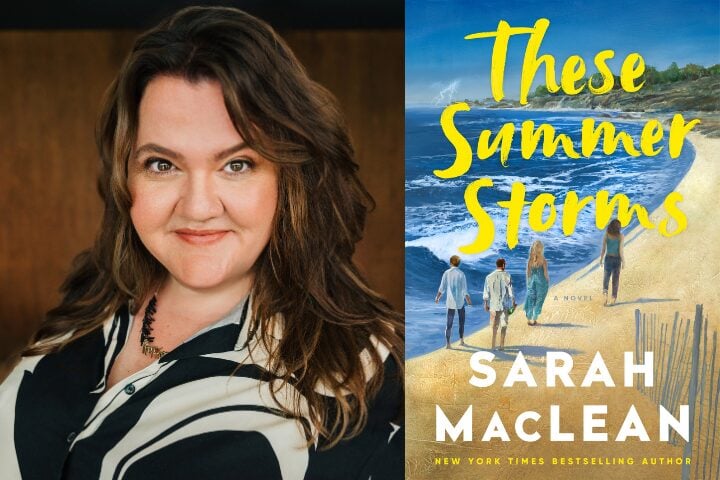 A woman with long hair smiles next to a book cover titled These Summer Storms by Sarah MacLean. The cover shows a beach scene with three figures walking along the shore under a blue sky.