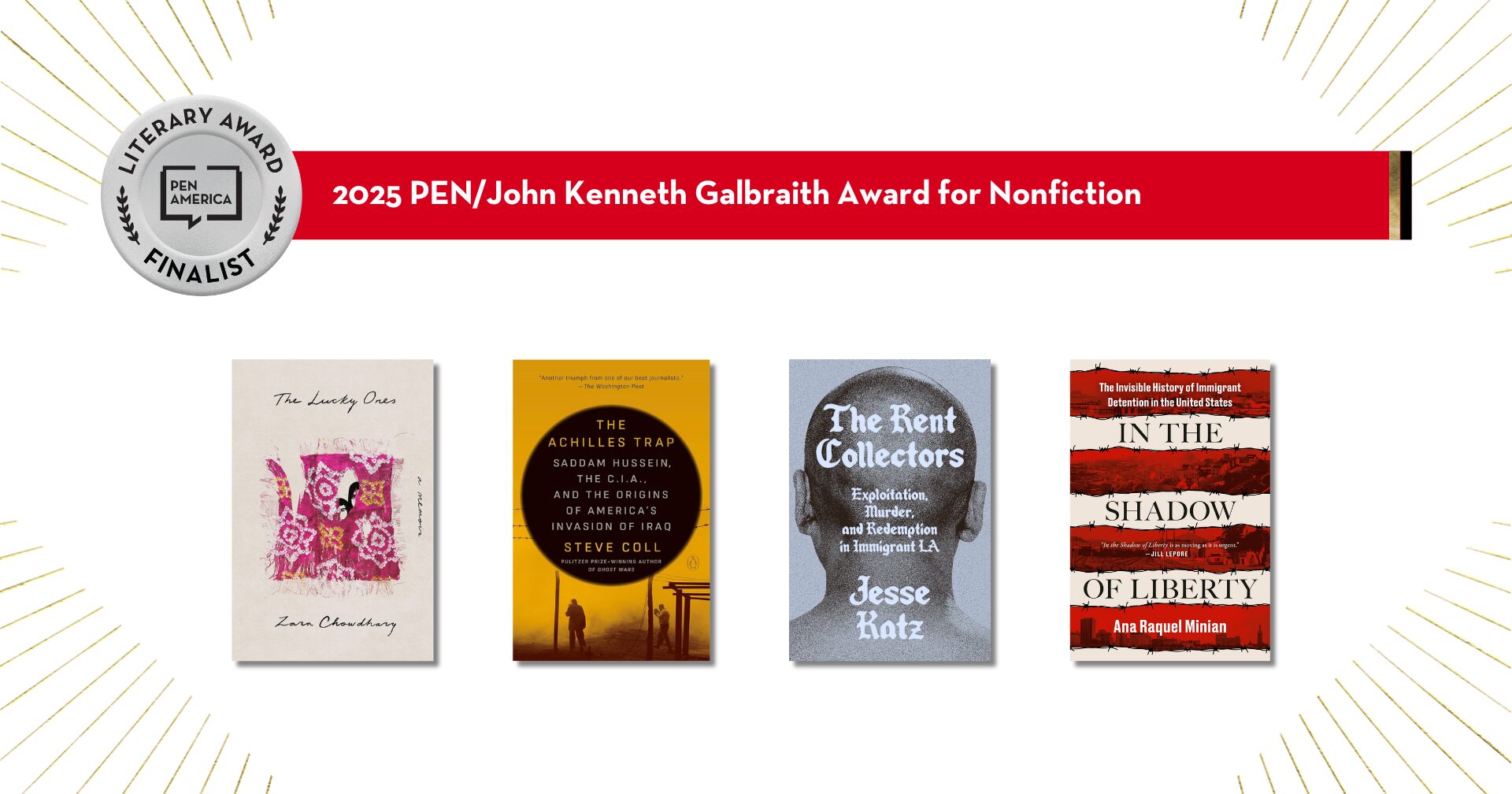 Four book covers are displayed side by side. Above them is a banner reading 2025 PEN/John Kenneth Galbraith Award for Nonfiction Finalist. Each book has a unique design and title.