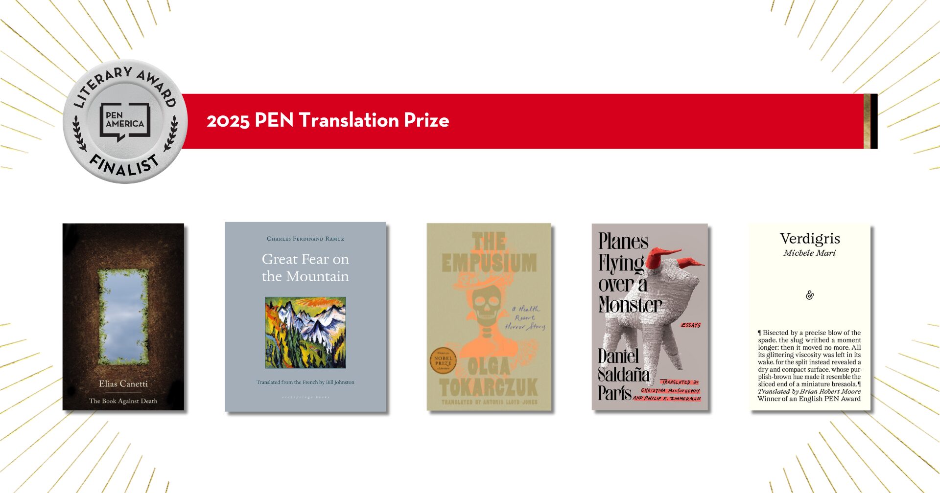 Image of book covers displayed in a row, labeled as finalists for the 2025 PEN Translation Prize. Each cover features unique artwork and text. A PEN America Literary Award Finalist emblem is positioned to the left.