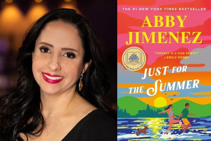 A person with long dark hair and a bright smile is next to the cover of Just for the Summer by Abby Jimenez. The book features a colorful illustration of a beach scene with two people running by the water.