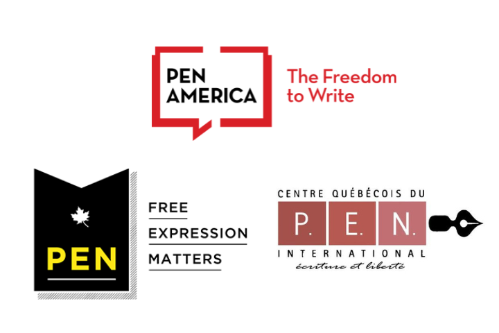 Logos for PEN America, Centre Québécois du PEN International, and PEN Canada. Text includes The Freedom to Write and Free Expression Matters.