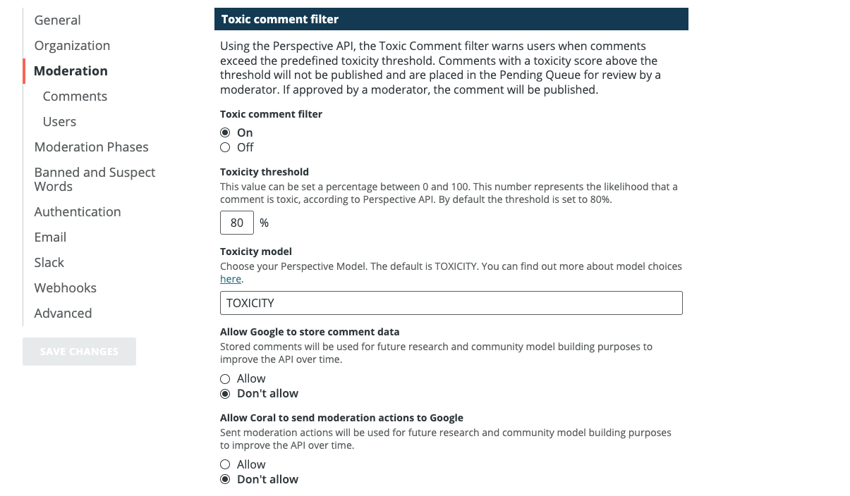 Screenshot of a settings page under the “Moderation” menu, showing options to enable a toxic comment filter, set a toxicity threshold percentage, and choose if Google can store comment data and send moderation actions.
