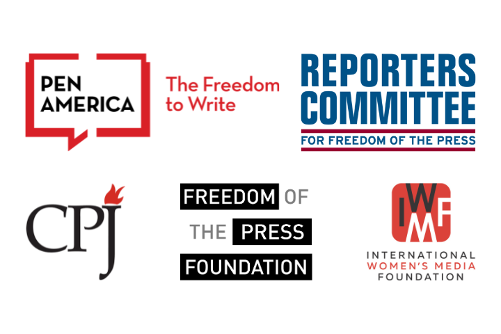 Logos of five press freedom organizations: PEN America, Reporters Committee for Freedom of the Press, Committee to Protect Journalists, Freedom of the Press Foundation, and International Womens Media Foundation.