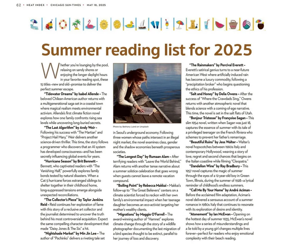 A newspaper page titled Summer reading list for 2025 features colorful book icons at the top, a photo of a woman browsing books, and columns of text describing recommended books and their summaries.