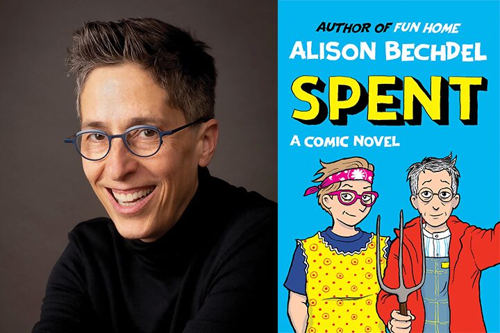 A person with short brown hair, glasses, and a black shirt smiles next to the cover of a comic novel titled Spent by Alison Bechdel, featuring two illustrated characters—one in an apron and another with a pitchfork.