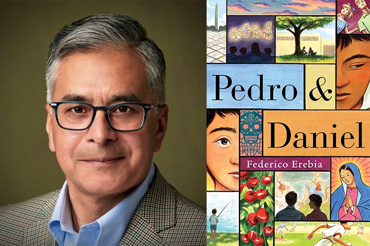 A man with gray hair and glasses wears a plaid jacket and poses against a brown background. Beside him is the colorful book cover for Pedro & Daniel by Federico Erebia, featuring illustrated faces and various scenes.