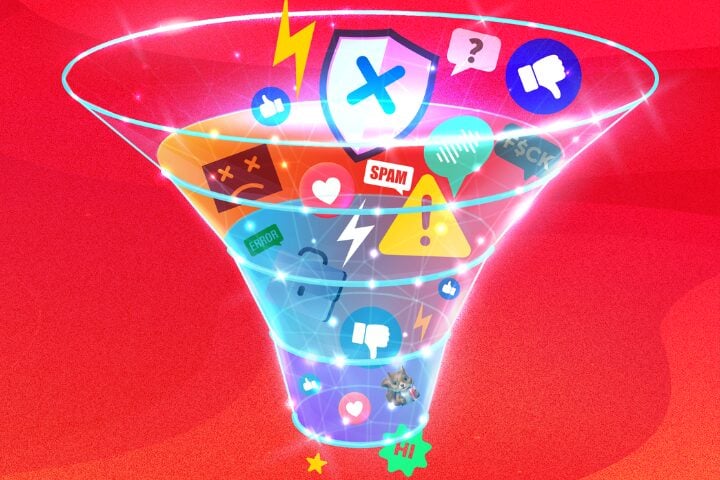 A digital illustration of a funnel filled with icons representing errors, warnings, spam, dislikes, and shields, set against a bright red background. The funnel filters various digital symbols as they pass through.