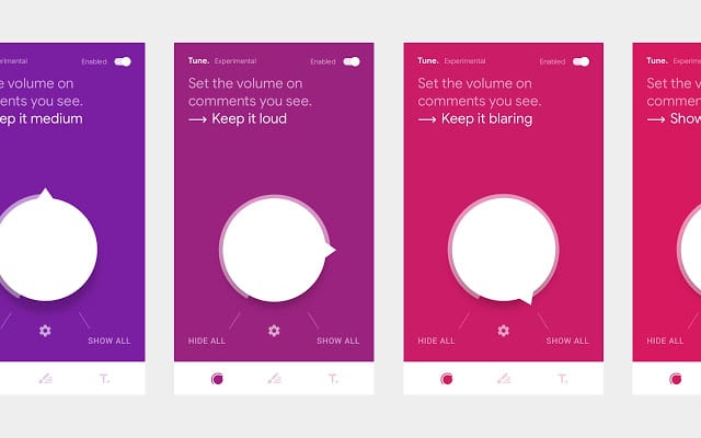 Four smartphone screens display a volume control interface with different shades of purple and pink, each labeled: Keep it medium, Keep it loud, Keep it blaring, and Show all.