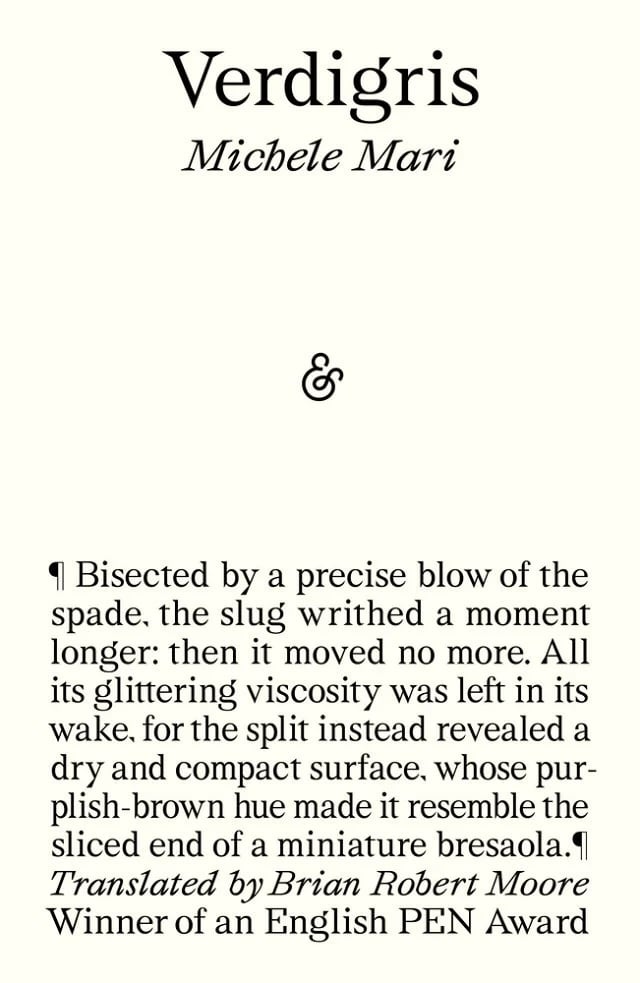 Book excerpt with the title Verdigris by Michele Mari at the top, followed by an ampersand. Below is a paragraph about a slugs movement, and italicized translator and award information at the bottom.