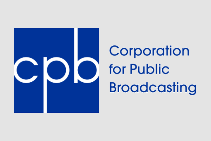 Blue Corporation for Public Broadcasting (cpb) logo, with the letters “cpb” in white on a blue square, and the words “Corporation for Public Broadcasting” in blue text to the right on a light gray background.