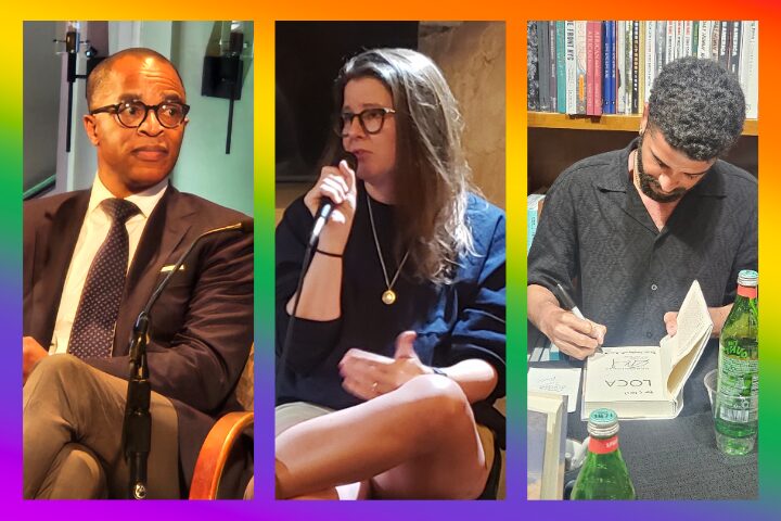 Three people are shown: a man in a suit speaking, a woman holding a microphone and gesturing, and a man signing a book at a table with water bottles. A gradient border surrounds the image.