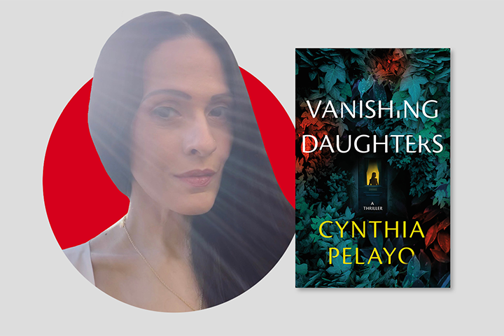 A woman with long dark hair is pictured beside the book cover of Vanishing Daughters by Cynthia Pelayo, which features bold white and yellow text over a background of blue and red leaves. Sunlight streaks across the image.