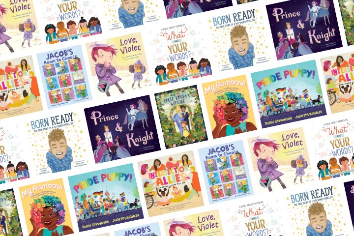 A collage of colorful childrens book covers, including titles like Love, Violet, Pride Puppy!, Jacobs Room to Choose, My Rainbow, and Born Ready, featuring diverse characters and cheerful illustrations.